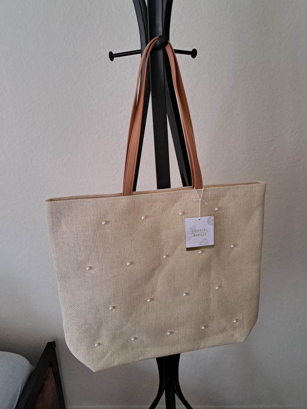 Beige Pearl-Embellished Tote Bag with Tan Handles